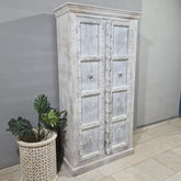 Antique Indian Hand Carved Solid Wooden Old Door Wardrobe Cabinet Whitewash 100x45x190cm